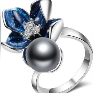 Flower Ring, Blue Enamel Craft with Gray Pearl Statement Ring